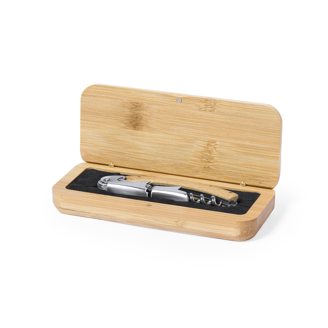 Sacacorchos abridor personalizado Flomek de bambú y metal con estuche - Hogar - Regalo Promocional Personalizado
