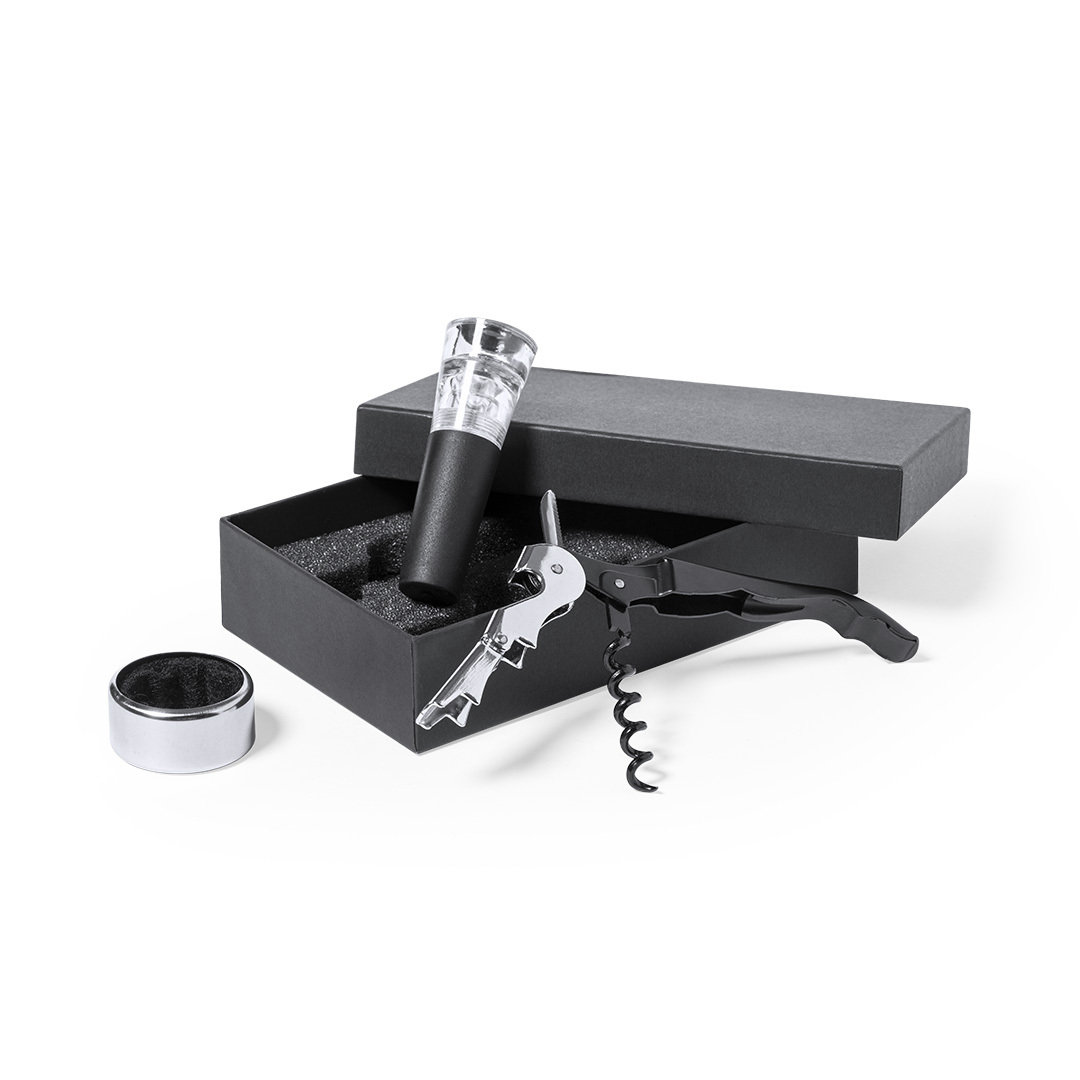 Set de vinos personalizado Noarek negro con bomba de vacío y funda protectora