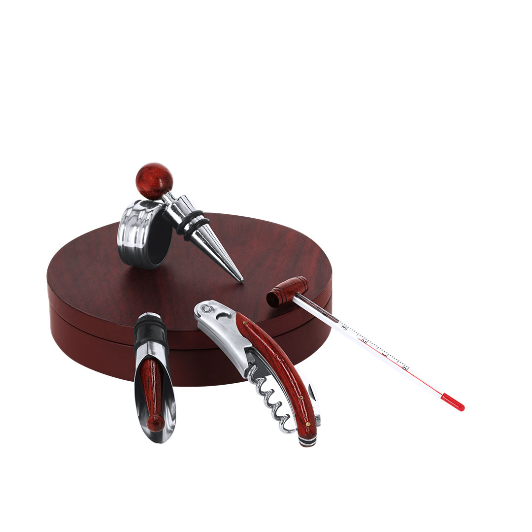 Set de vinos personalizado Baco circular de madera natural con termómetro