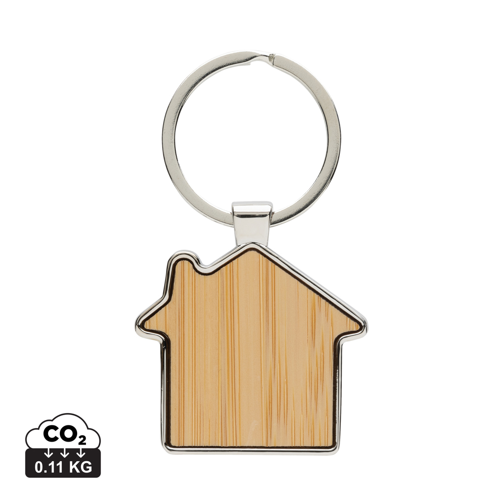 Llavero forma casa aleación de zinc reciclado RCS con bambú - Llaveros, pins y chapas - Regalo Promocional Personalizado
