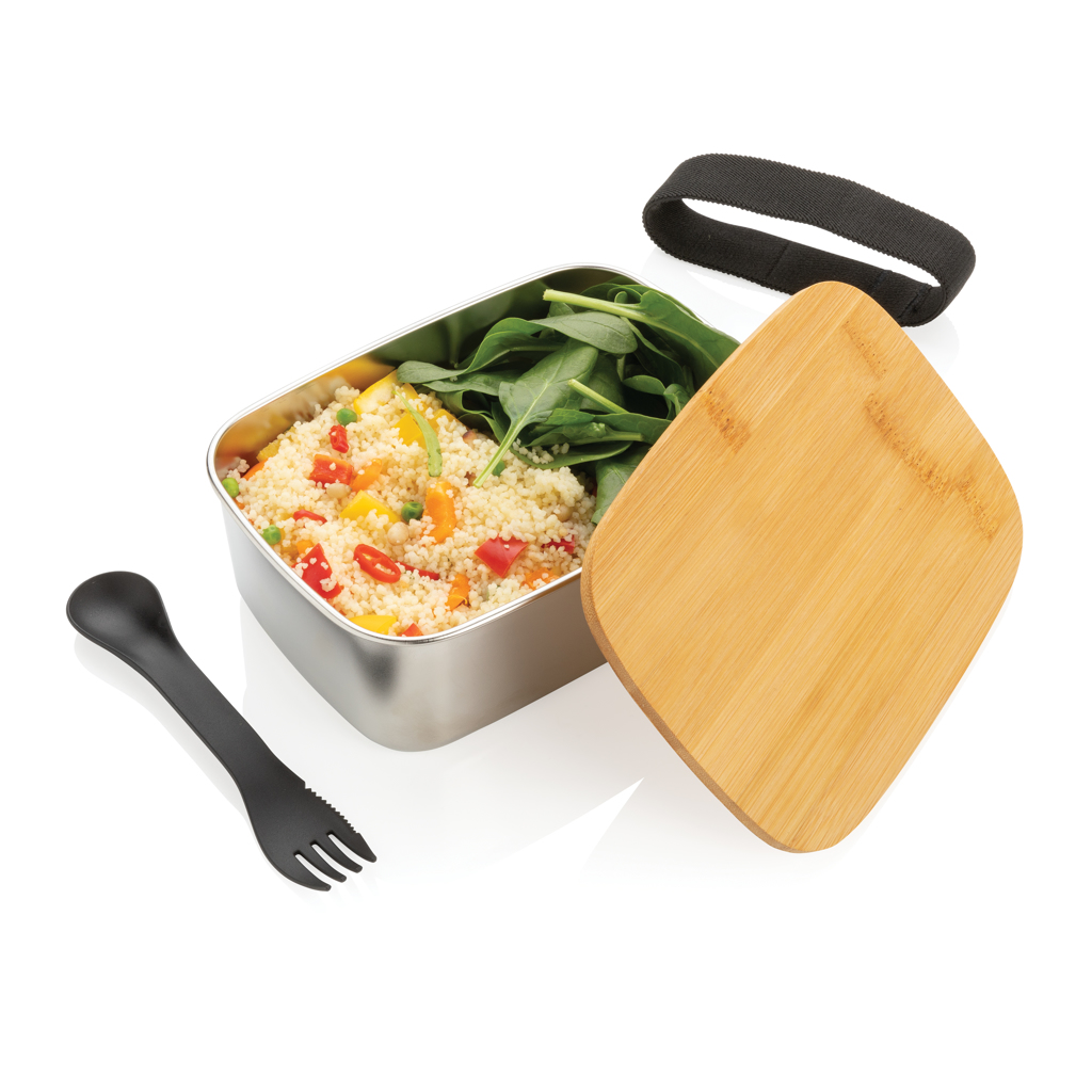 Fiambrera personalizada de acero inoxidable con tapa de bambú y cubiertos - Hogar - Regalo Promocional Personalizado - imagen 3