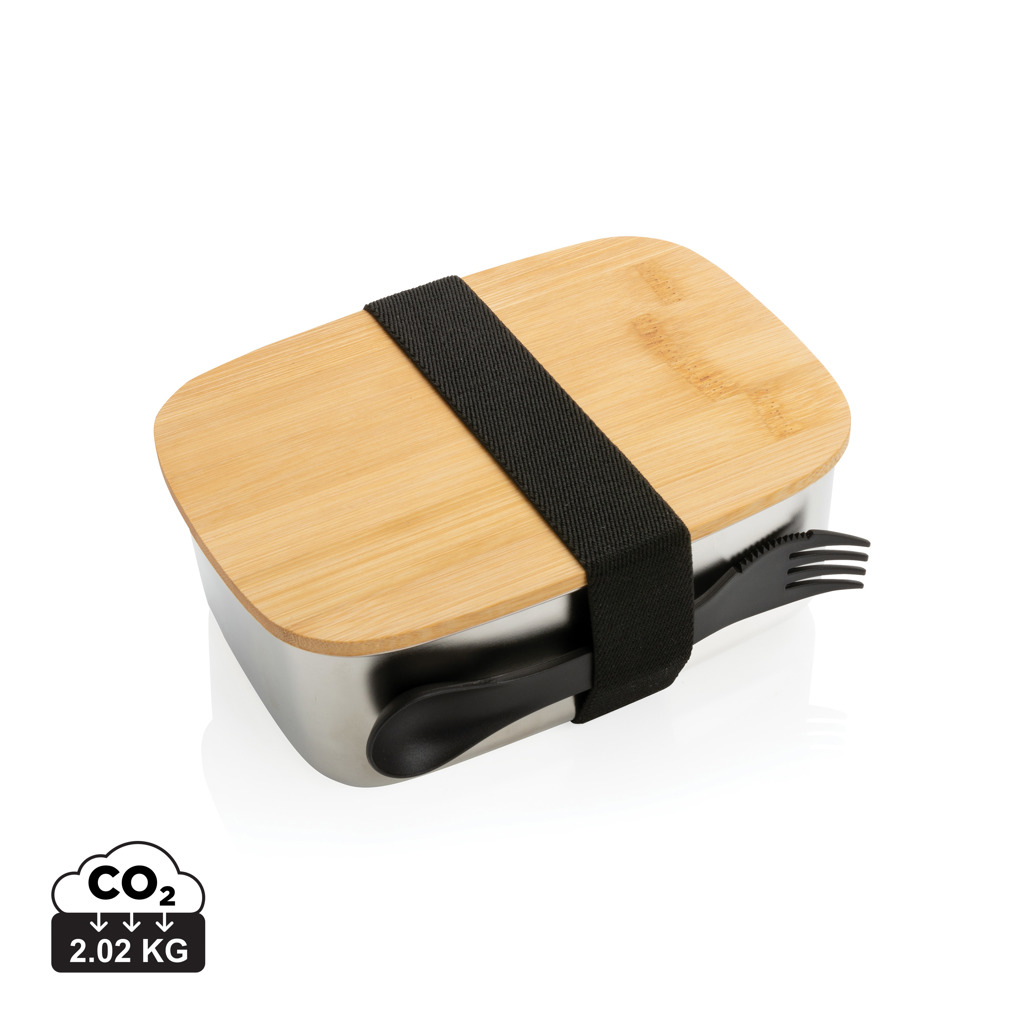 Fiambrera personalizada de acero inoxidable con tapa de bambú y cubiertos - Hogar - Regalo Promocional Personalizado