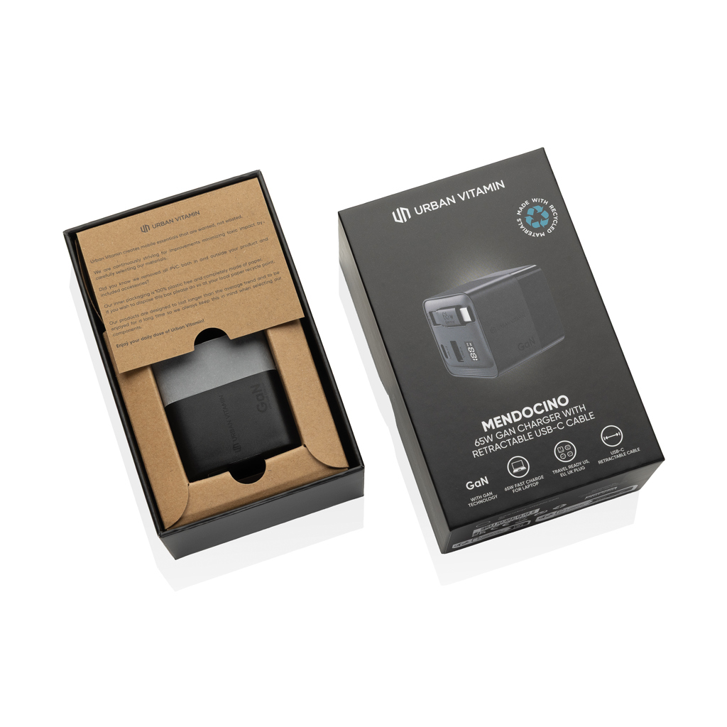 Cargador GaN Mendocino con cable retráctil Urban Vitamin 65W - Tecnología - Regalo Promocional Personalizado - imagen 3