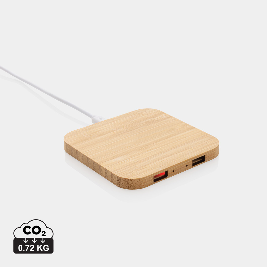 Cargador inalámbrico bambú 10W con USB - Tecnología - Regalo Promocional Personalizado