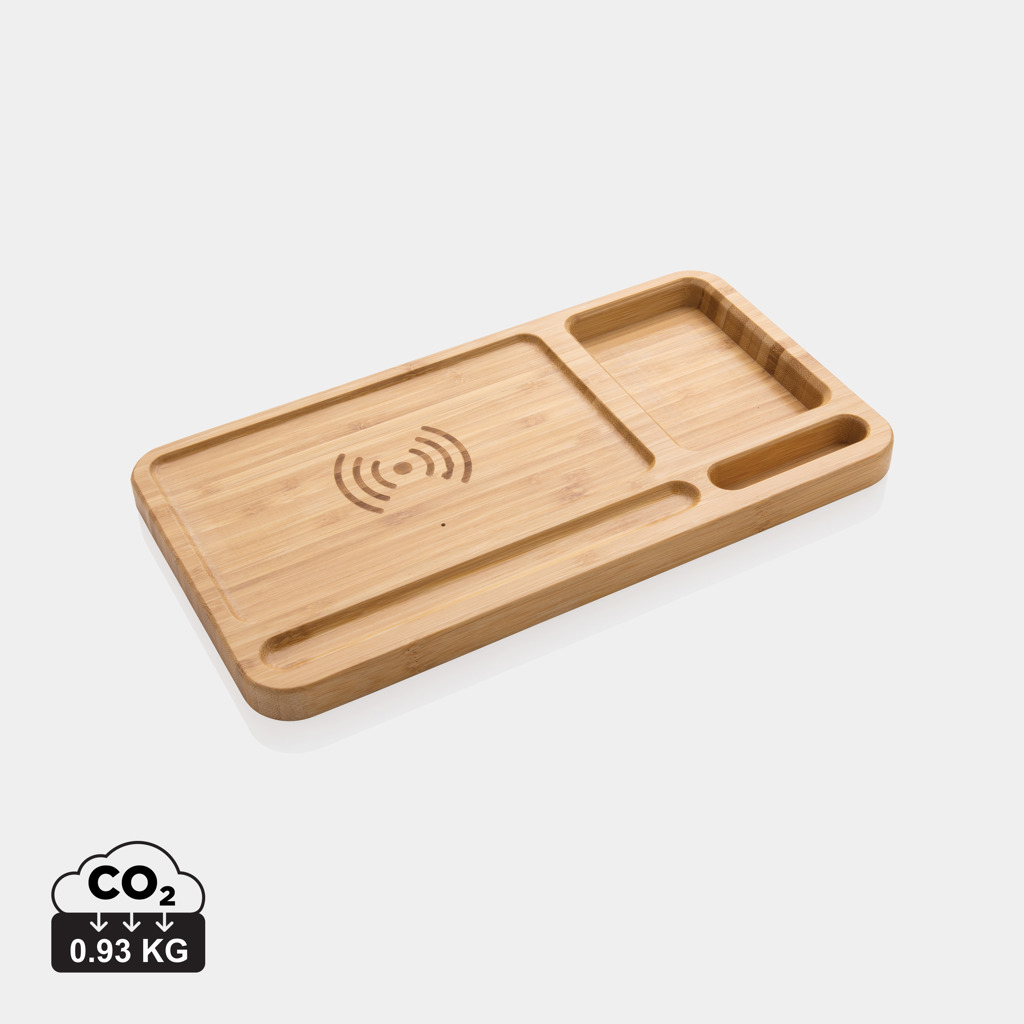 Organizador de escritorio personalizado y cargador de bambú de 10W