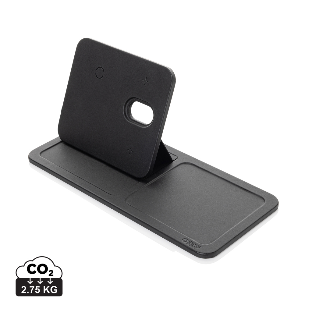 Bandeja cargador inalámbrico personalizada Swiss Peak 3 en 1 RCS de PU - Tecnología - Regalo Promocional Personalizado