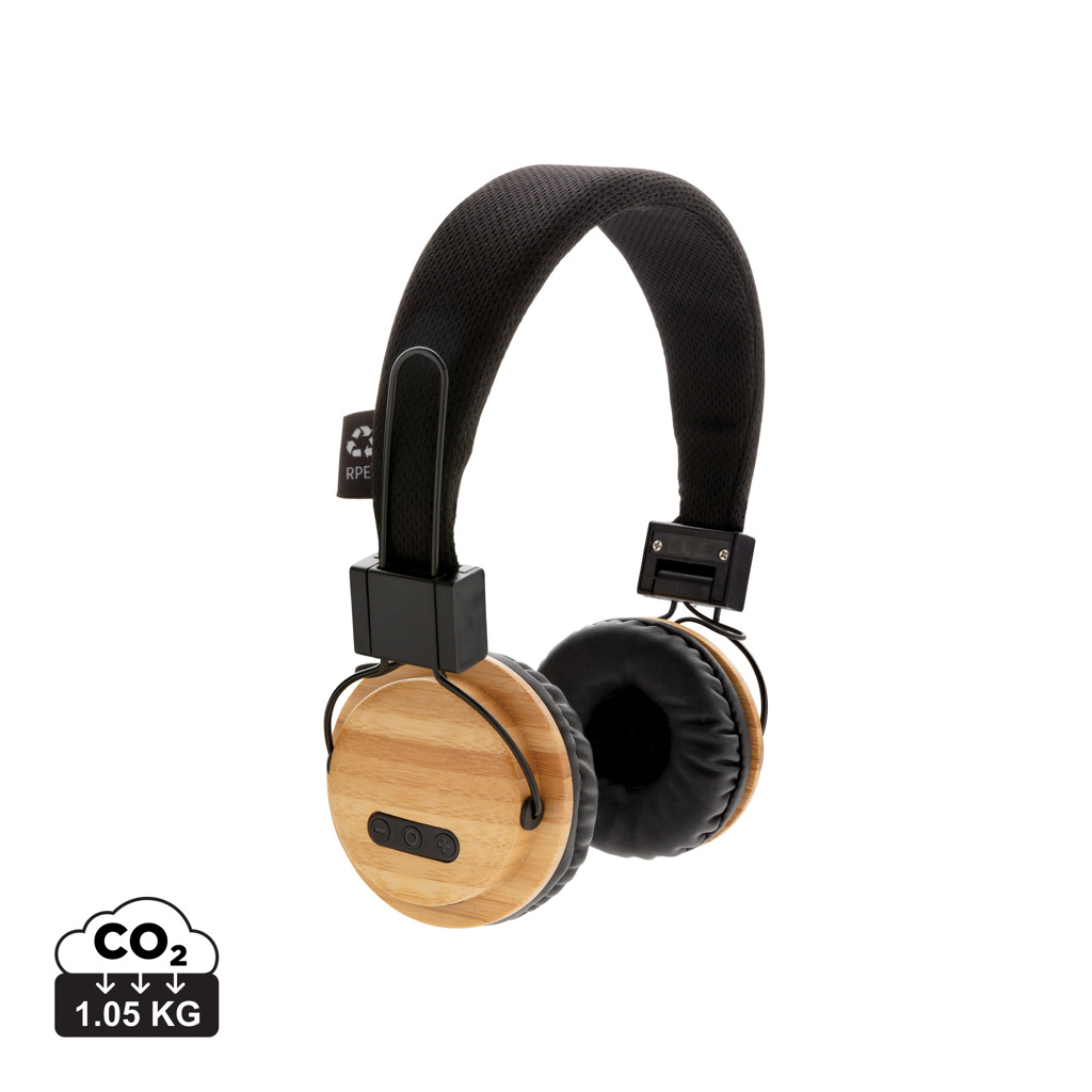 Auriculares inalámbricos personalizados de bambú y poliéster plegables - Tecnología - Regalo Promocional Personalizado