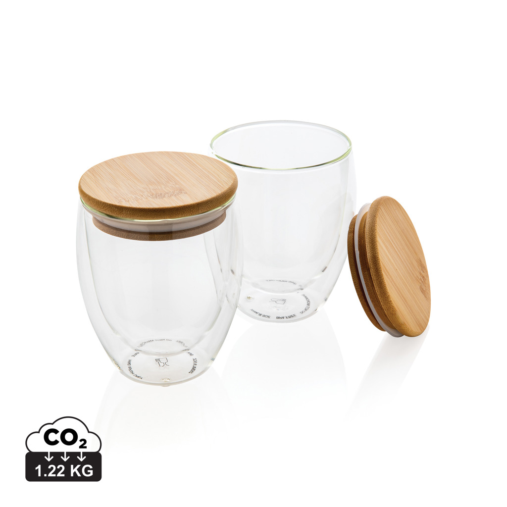 Vidrio personalizado de borosilicato doble pared con tapa bambú 250ml - Tazas y vasos personalizados - Regalo Promocional Personalizado