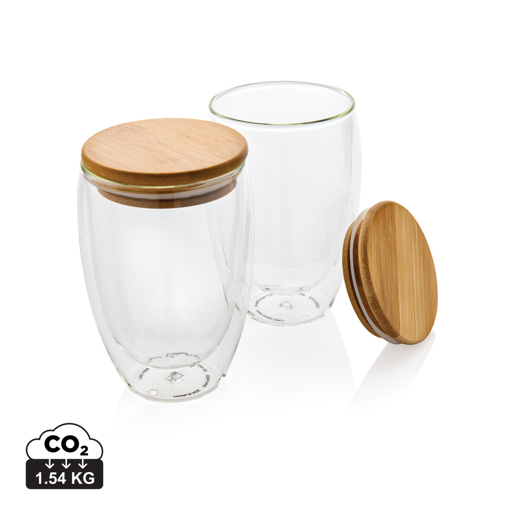 Vidrio personalizado de borosilicato doble pared con tapa bambú 350ml - Tazas y vasos personalizados - Regalo Promocional Personalizado