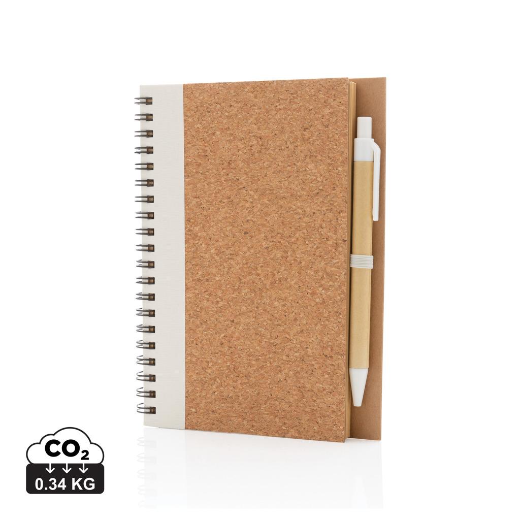 Libreta personalizada espiral de corcho con bolígrafo kraft