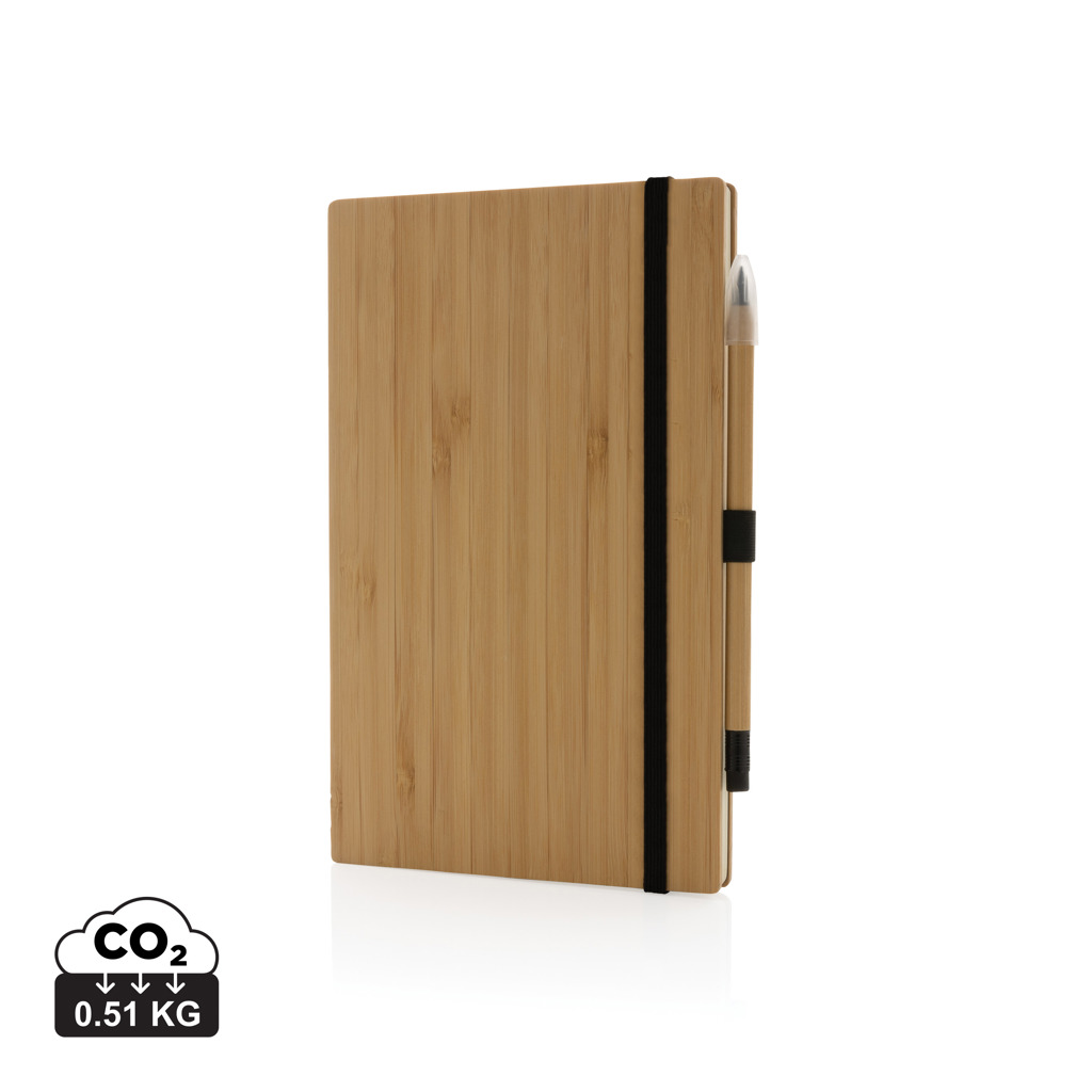 Set de cuaderno y lápiz infinito personalizado de bambú FSC - Set de escritura personalizados - Regalo Promocional Personalizado