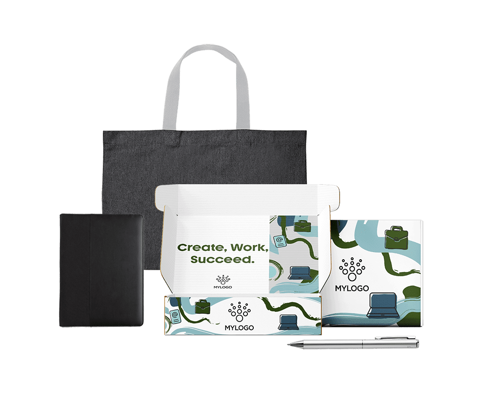 Welcome pack corporativo para empleados con bolsa tote reutilizable, libreta negra y bolígrafo en caja postal personalizable
