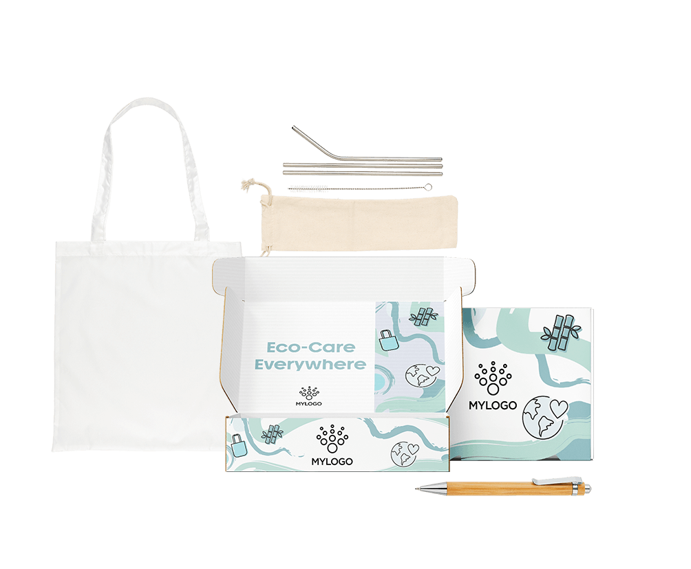 Welcome pack ecológico con bolsa tote reutilizable blanca, set de pajitas metálicas con funda y bolígrafo de bambú en caja postal personalizable.