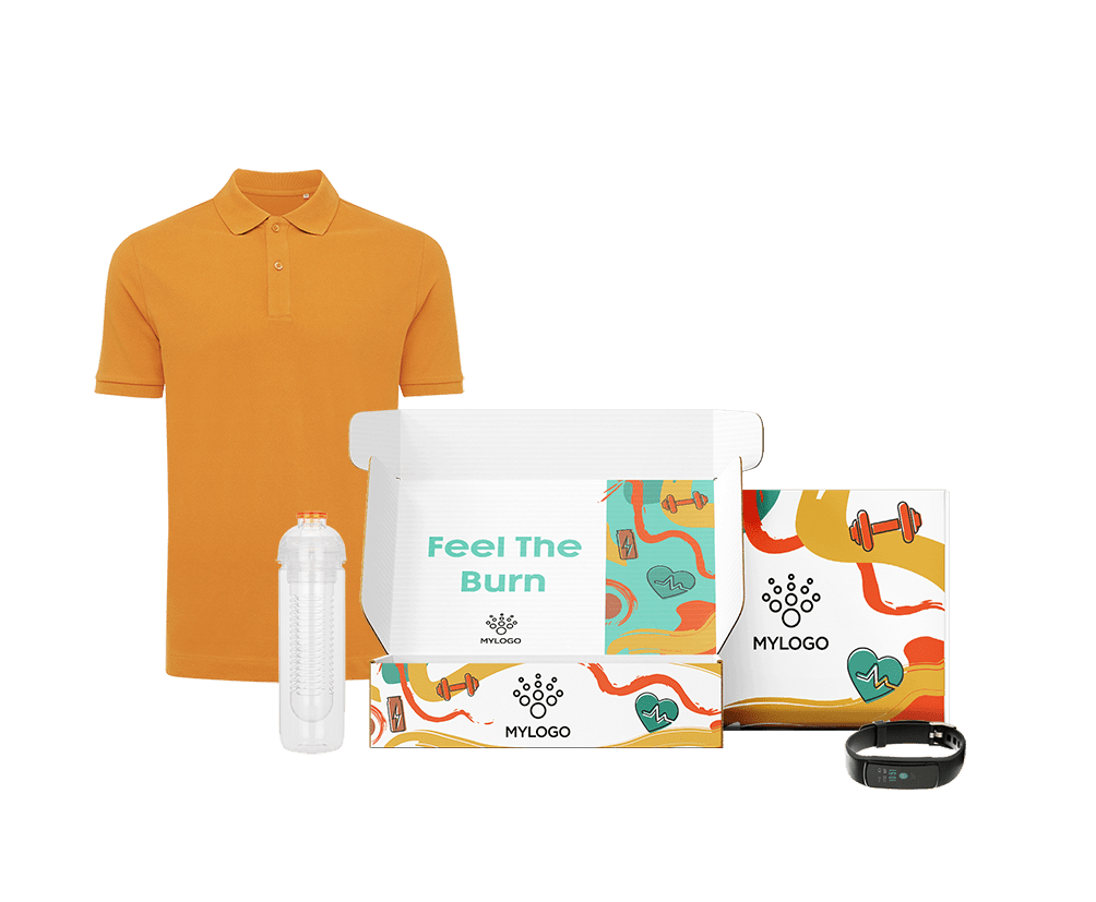 Pack fitness corporativo con polo deportivo naranja, botella reutilizable y pulsera de actividad en caja regalo personalizable.
