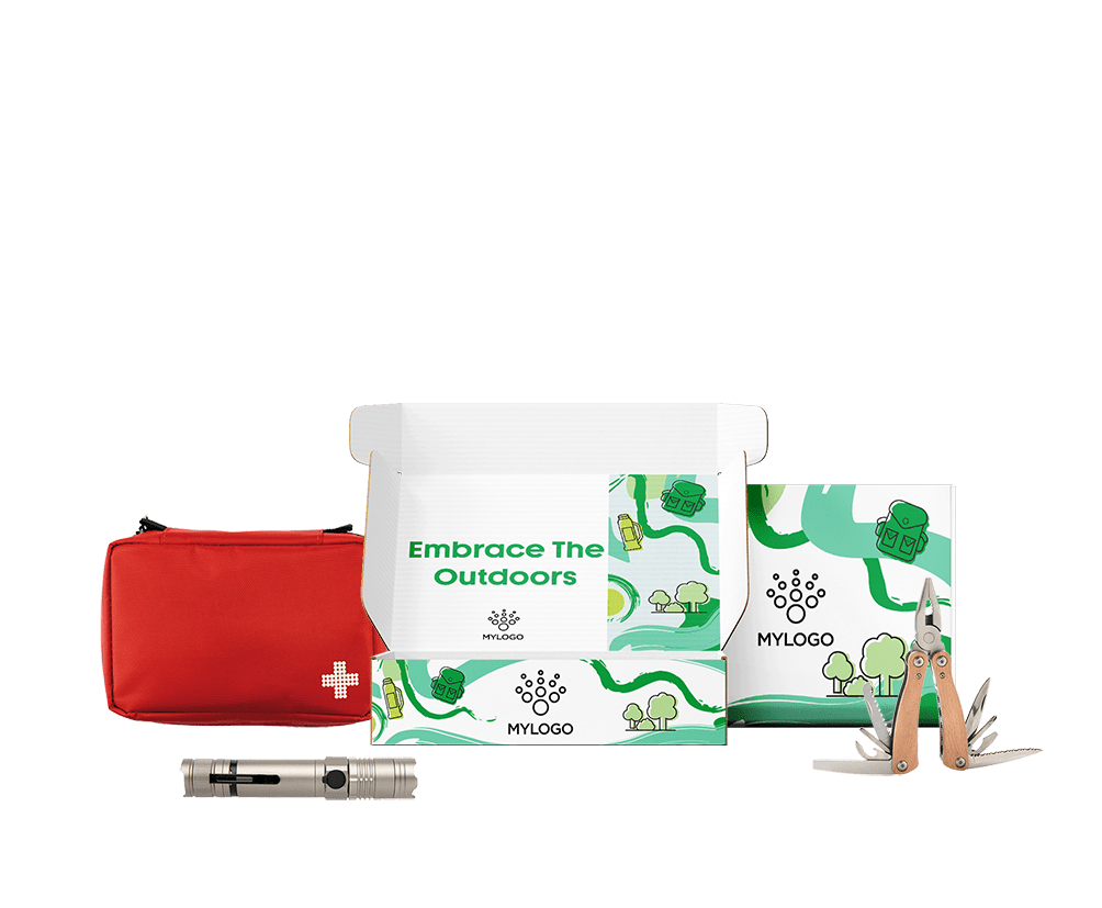Kit outdoor corporativo con botiquín primeros auxilios, linterna LED y navaja multiusos personalizable