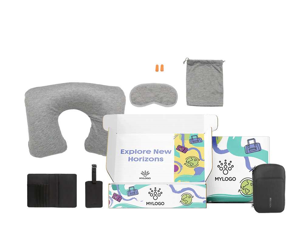 Kit de viaje corporativo personalizado para empleados con almohada cervical, antifaz, tapones, bolsa, porta pasaporte, etiqueta de maleta y neceser en caja regalo personalizable.