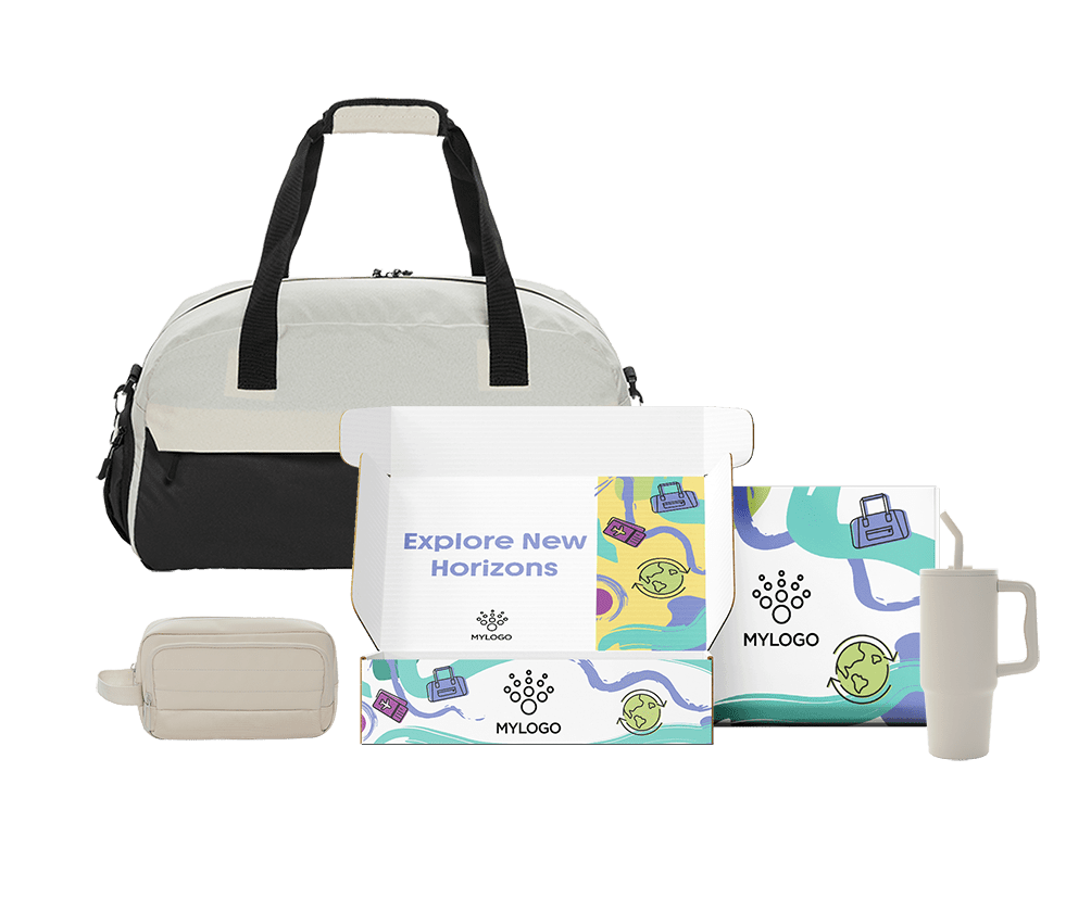 Kit corporativo completo con bolsa de deporte, neceser, bolsas de tela y termo personalizables para empresas